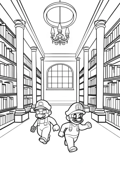Mario and Luigi racing in a library