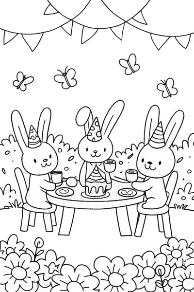Whimsical Rabbit Tea Party Coloring Page