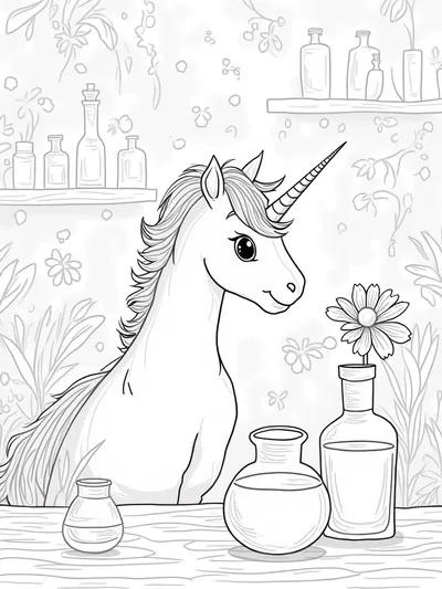 Unicorn exploring a magical lab