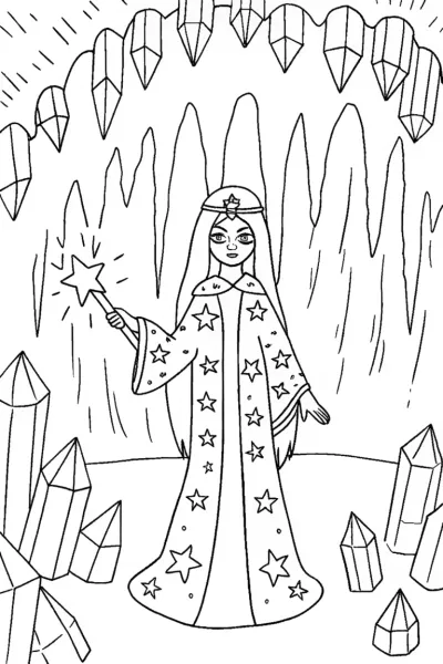 Anime Sorceress in a Crystal Cavern Coloring Page