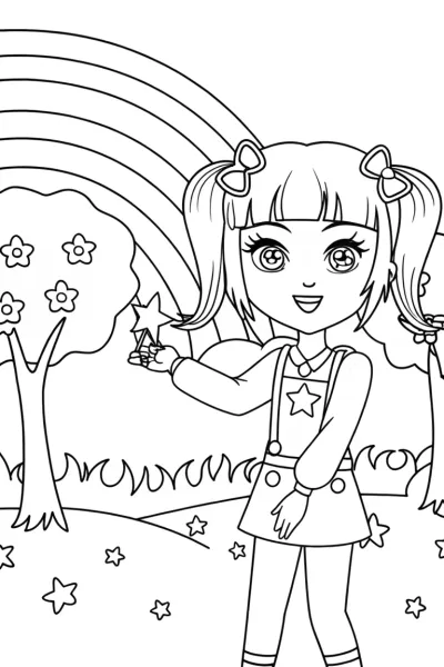 Anime Adventure in the Rainbow Forest Coloring Page