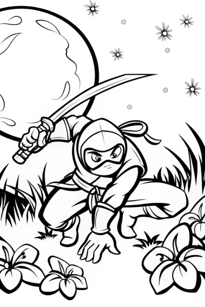 Ninja in the Enchanted Moonlit Meadow Coloring Page
