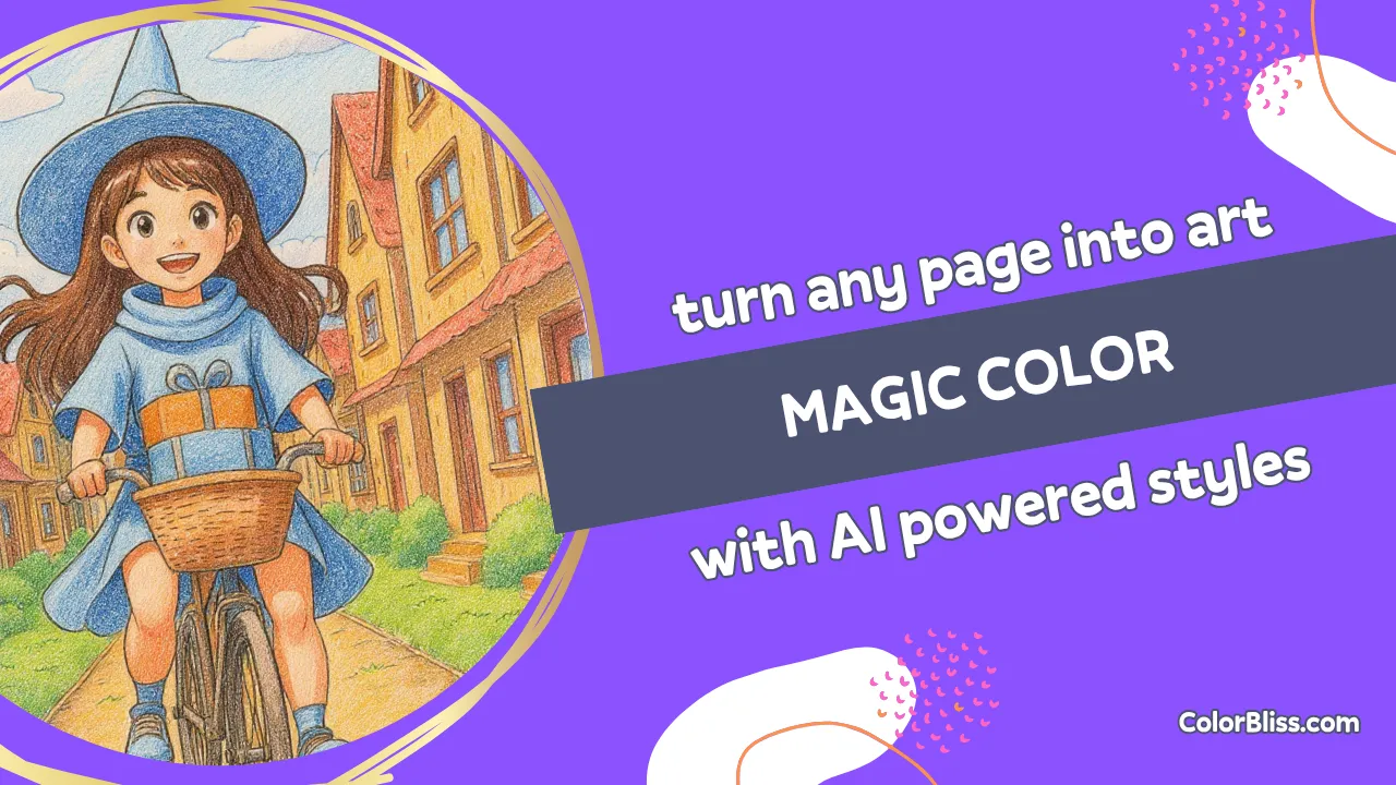 A coloring page of Magic Coloring turns any page into finished art in seconds
