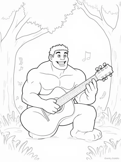 Hulk playing guitar in the forest