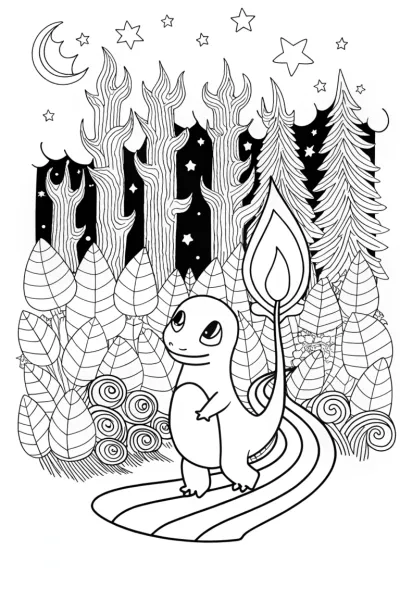 Charmander’s starlit forest journey coloring page