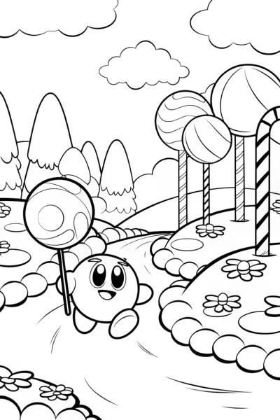 Kirby in a Whimsical Candy Land Coloring Page