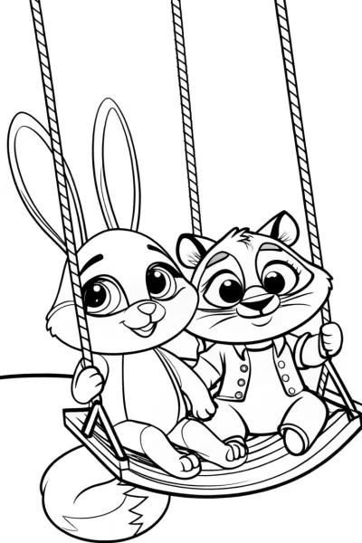 Bunny and raccoon on a rainbow swing