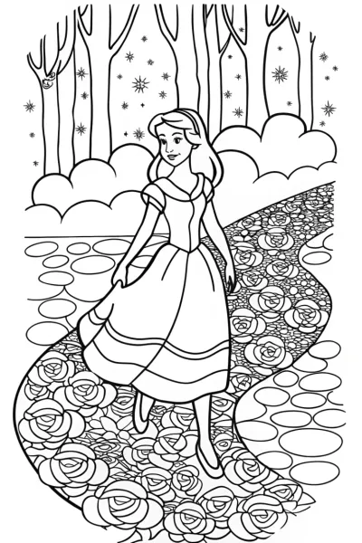 Belle’s Enchanted Rose Petal Path Coloring Page
