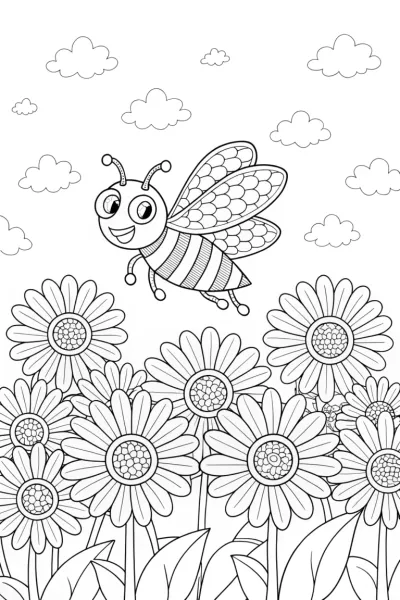 Buzzy Bees in a Sunny Garden Coloring Page