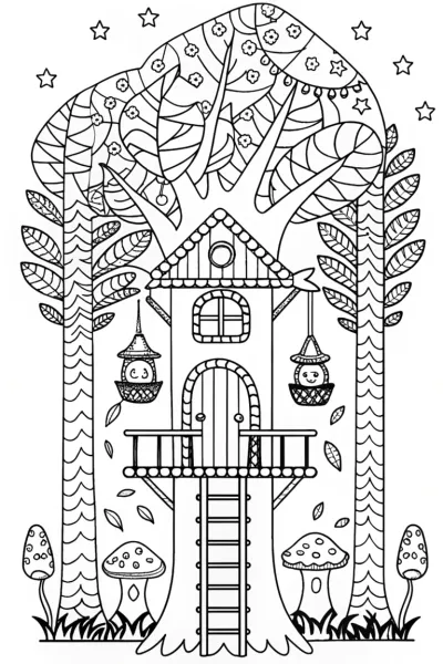 Huggy Wuggy’s Whimsical Treehouse Quest Coloring Page