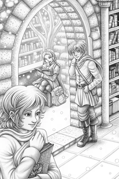 Anime adventurers in a bookstore