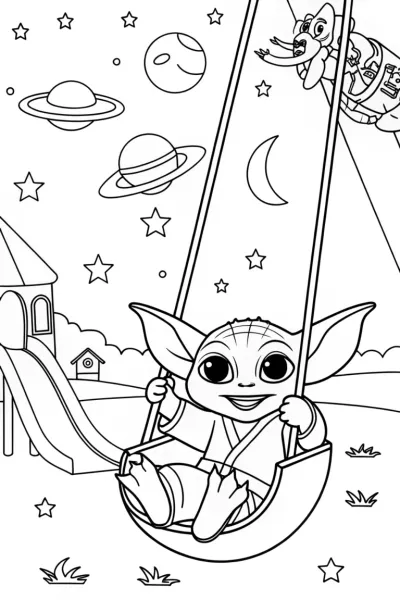 Baby Yoda’s Starry Playground Coloring Page