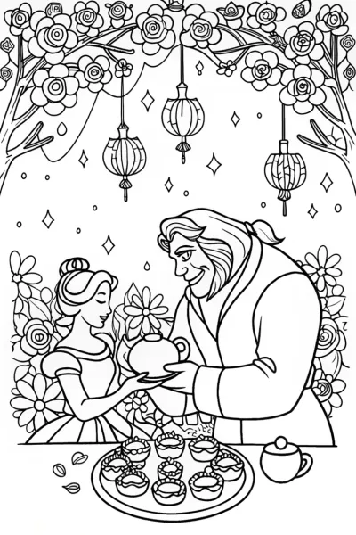 Belle and the Beast’s Enchanted Tea Party Coloring Page