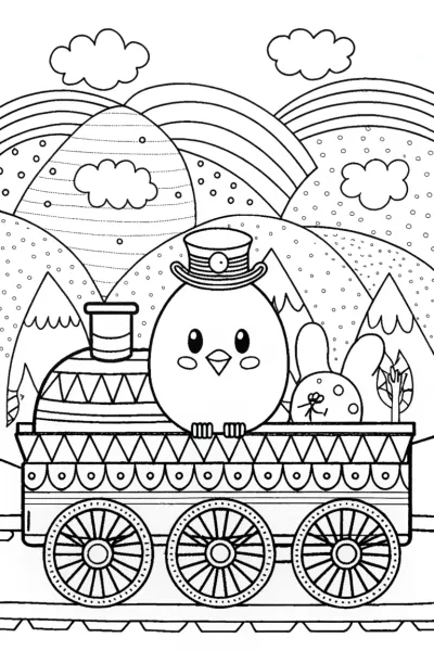 Chick’s Adventure on the Train Coloring Page