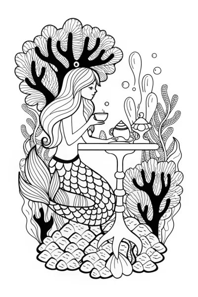 Mermaid’s Garden Tea Party Coloring Page