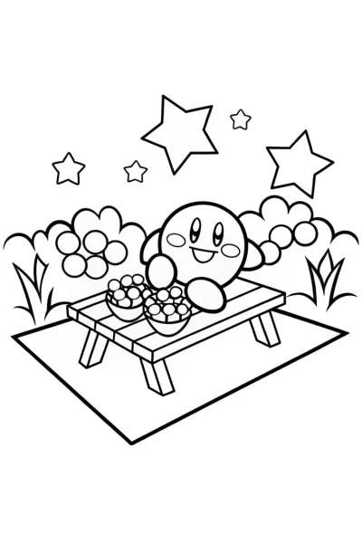 Kirby’s Cosmic Picnic in the Star Garden Coloring Page
