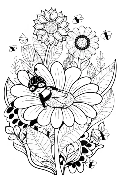 Ninja in the Enchanted Flower Field Coloring Page