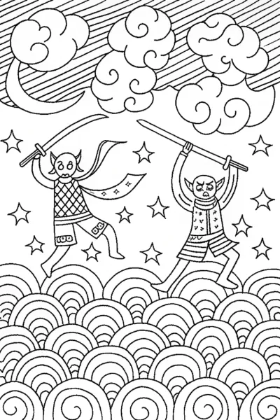 Aerial Duel of Demon Hunters Coloring Page