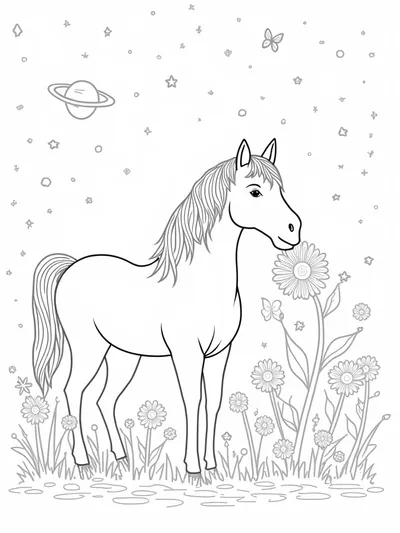 Unicorn exploring a cosmic garden