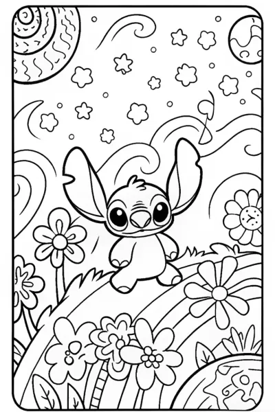 Stitch’s cosmic garden quest coloring page