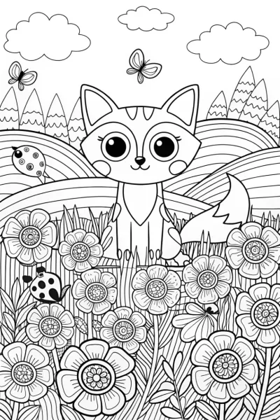 Curious Fox in a Whimsical Garden Coloring Page