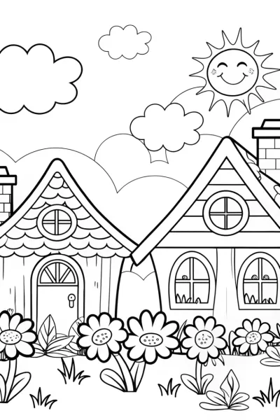 Rainbow Dreams in a Whimsical Village Coloring Page