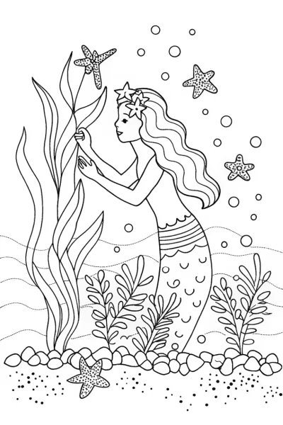 Mermaid’s Celestial Garden Coloring Page