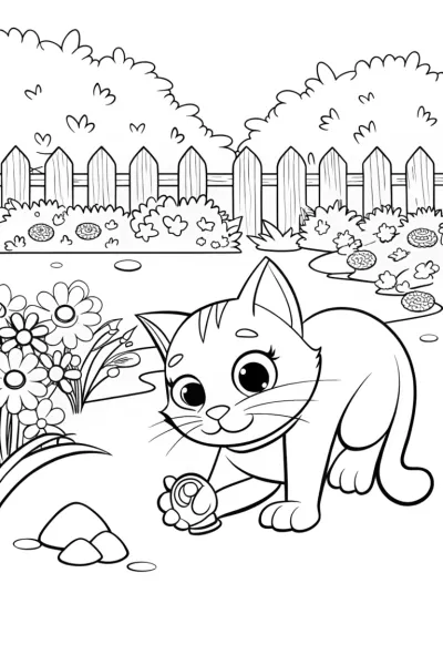 Whiskers the Cat’s Garden Treasure Hunt Coloring Page
