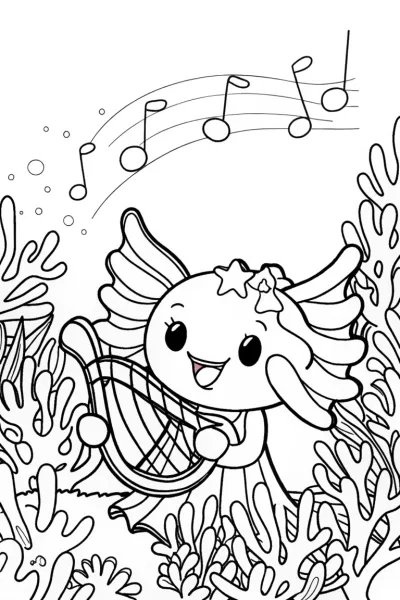 Axolotl’s Starry Music Night Coloring Page
