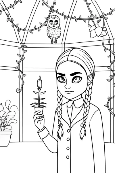 Wednesday Addams in a greenhouse