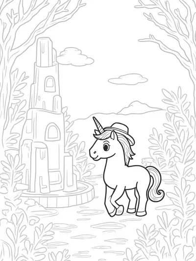 Unicorn exploring ancient ruins