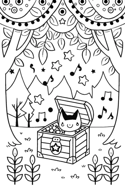 Kuromi’s whimsical treasure chest coloring page