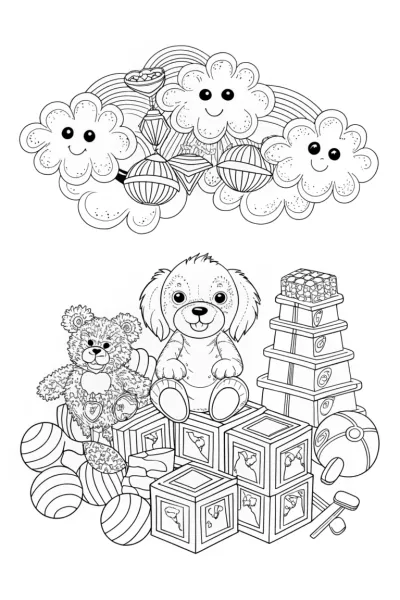 Puppy in a Whimsical Toyland Coloring Page