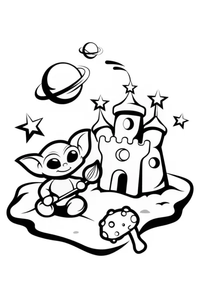 Baby Yoda’s Cosmic Sandcastle Adventure Coloring Page