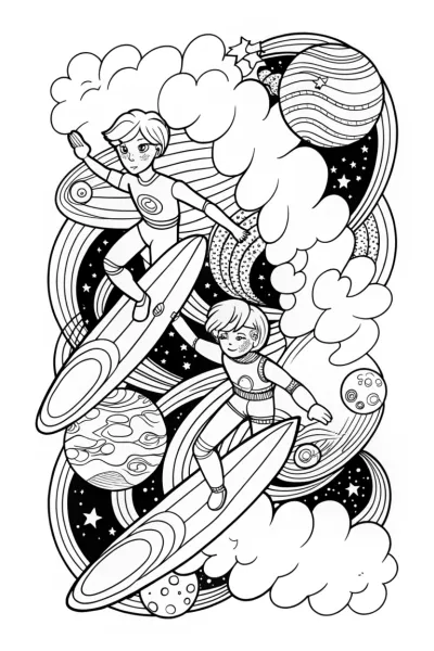 Anime adventurers surfing in space