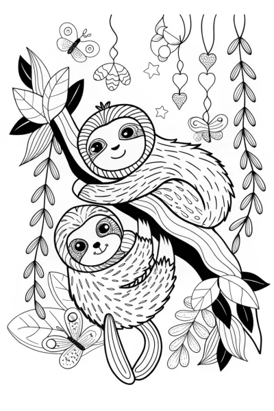 Snuggly Sloths in a Cozy Tree Coloring Page