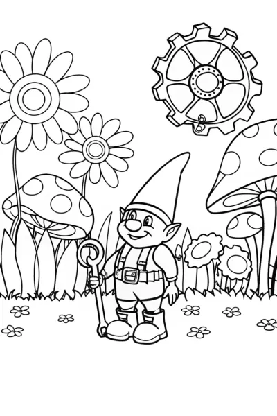 Tinker the Gnome in a Clockwork Garden Coloring Page