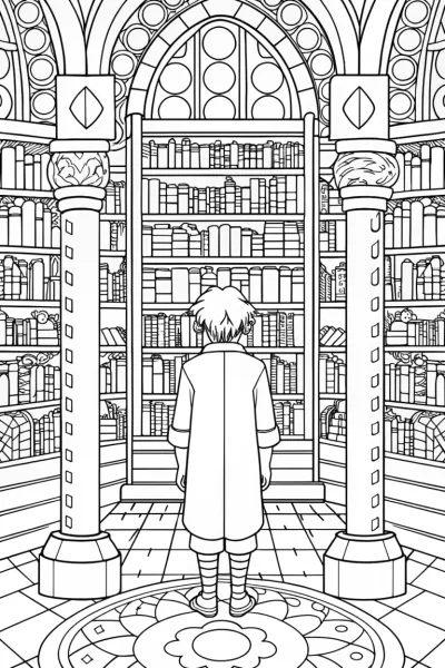Goku exploring a magical library