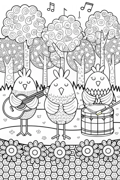 Chickens on a Quest for Music Coloring Page