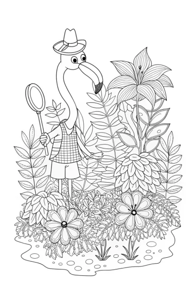 Flamingo detective in a garden