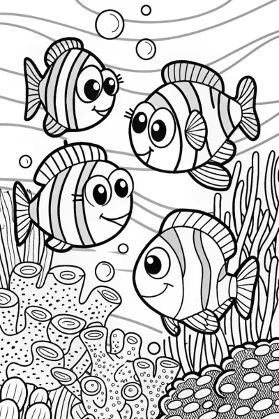 Friendly Fishes in a Bubble Adventure Coloring Page
