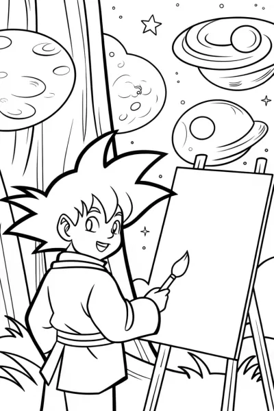 Goku painting in a cosmic forest