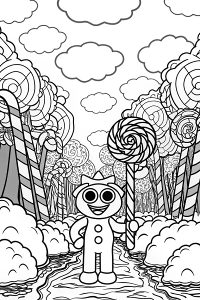 Huggy Wuggy’s Adventure in Candy Land Coloring Page