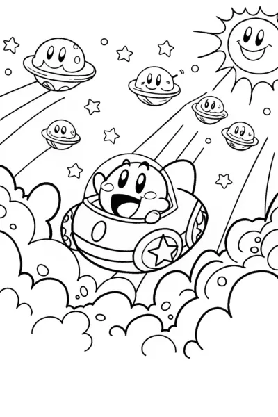 Kirby’s Dreamy Space Race Coloring Page