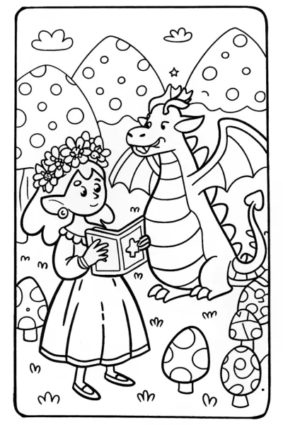 Easter Egg Hunt with Elf and Dragon Coloring Page
