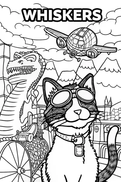 Whiskers the Cat’s Time-Travel Adventure Coloring Page