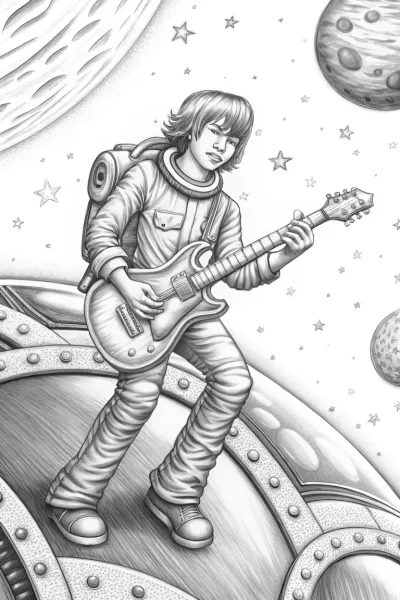 JJ playing guitar in space