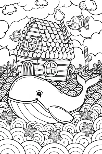 Gingerbread House on the Back of a Whale Coloring Page
