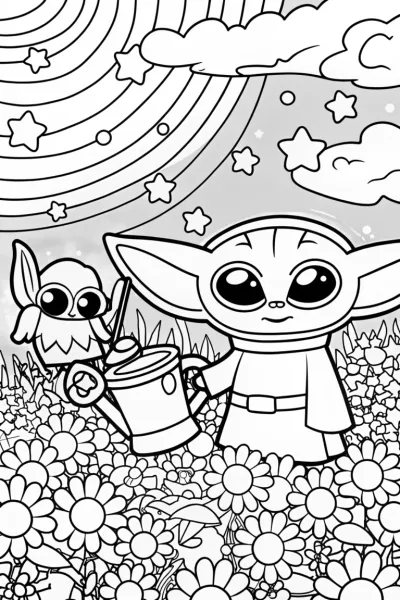 Baby Yoda’s Enchanted Star Garden Coloring Page