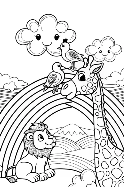 Lion Cub and Giraffe on Rainbow Bridge Coloring Page